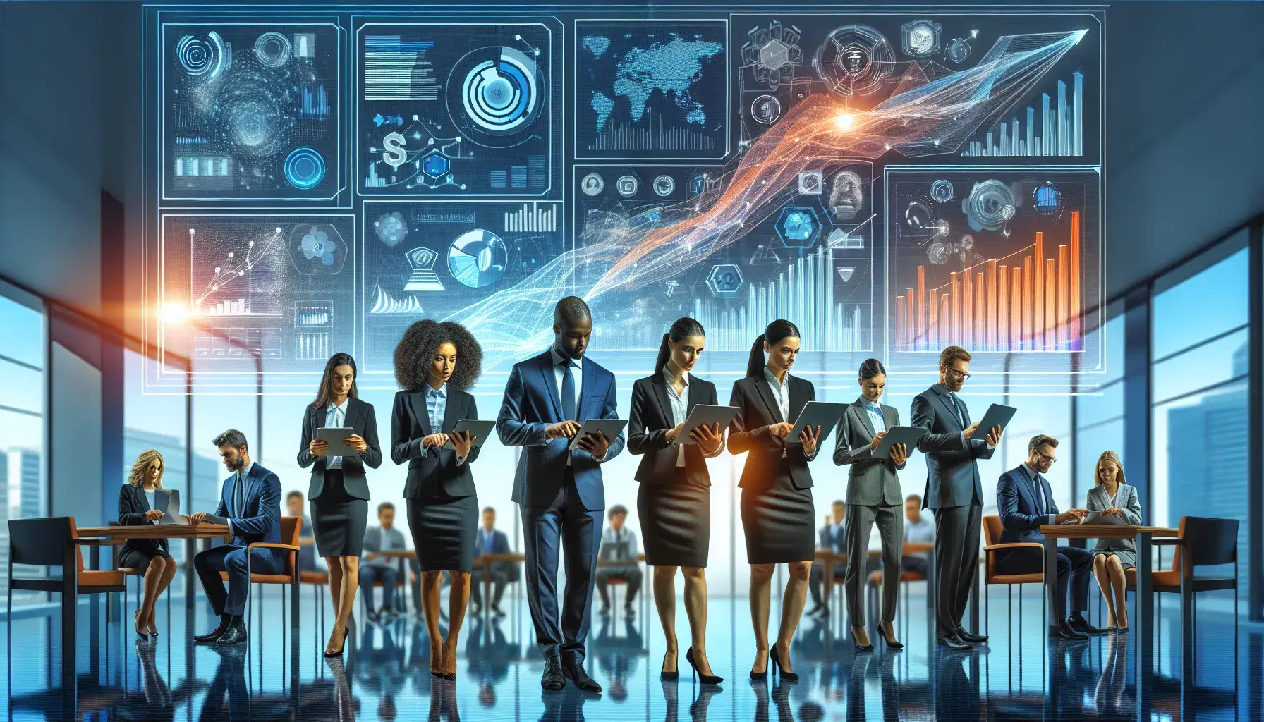Corporate professionals engaging with AI-powered training interfaces in a modern office